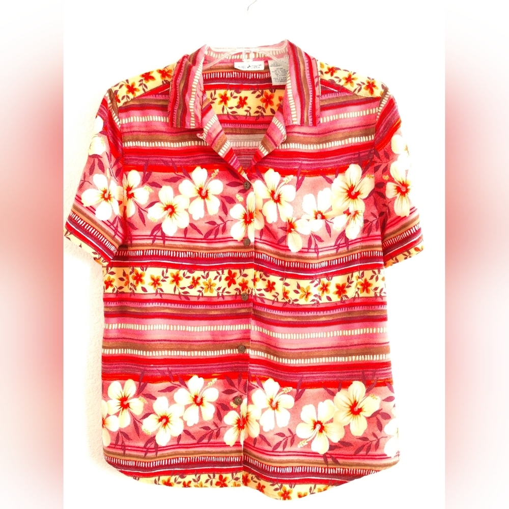 White Stag Pink Floral Hawaiian Print Camp Shirt Short Sleeve Medium Chest 36"